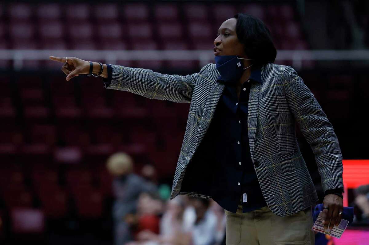 California coach Charmin Smith yells to players during the second half of an NCAA college basketball game against Stanford on Friday, Jan. 21, 2022, at Stanford, Calif. (Special to The Chronicle/ Josie Lepe)
