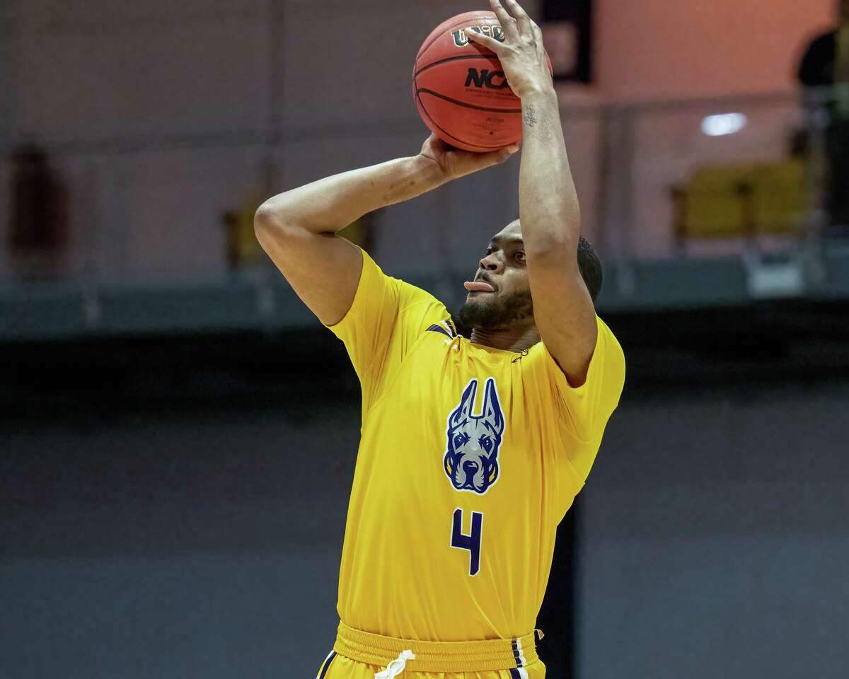 UAlbany graduate student Jarvis Doles takes a jumper during an America East Conference game against Stony Brook University at the SEFCU Arena on the UAlbany campus on Saturday, Jan. 22, 2022. (Jim Franco/Special to the Times Union)
