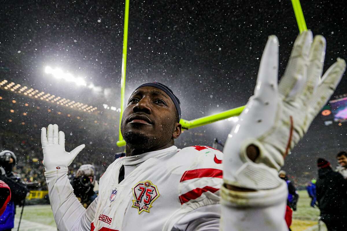 San Francisco 49ers wide receiver Deebo Samuel (19) reacts after the San Francisco 49ers play the Green Bay Packers in the NFL Divisional Round playoff game at Lambeau Field in Green Bay, Wis., on Saturday, January 22, 2022.