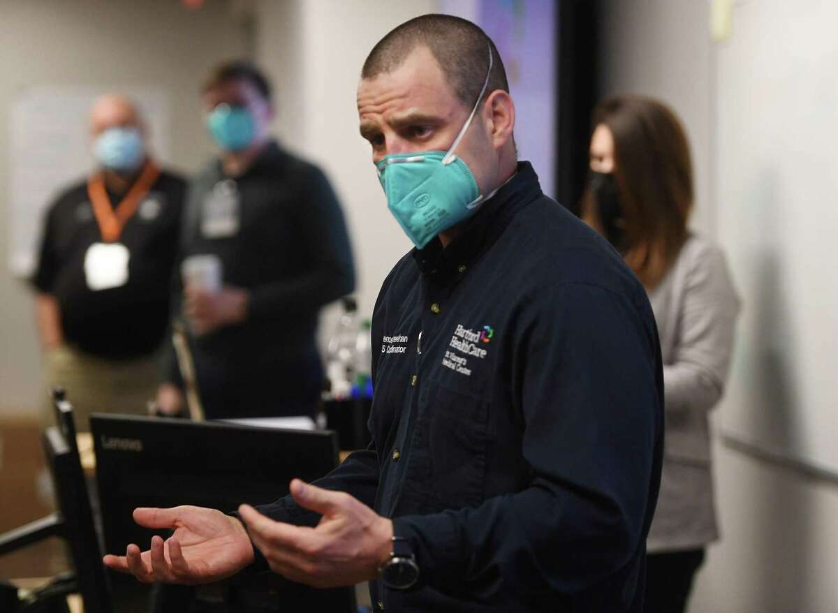 St. Vincent's Medical Center EMS Coordinator Terrence Sheehan addresses the classroom during the opening class of the CESI Paramedic Program at Hartford Healthcare St. Vincent's Medical Center in Bridgeport, Conn. on Wednesday, January 19, 2021.