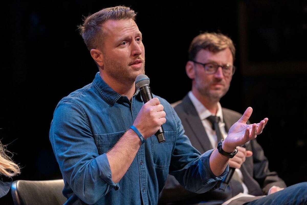 Producer/Director, Matthew Heineman and Artistic Director of Hamptons International Film Festival, David Nugent speak onstage at the World Premiere of National Geographic Documentary Films' 'The First Wave' at Hamptons International Film Festival on October 07, 2021 in East Hampton, New York.