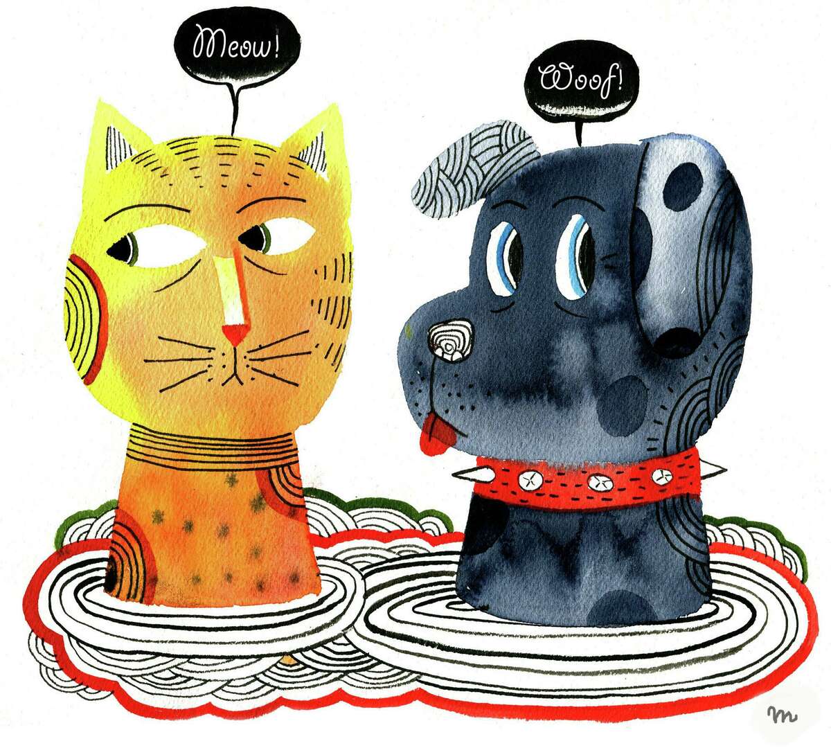 This artwork by Mark Weber refers to cat and dog owners.