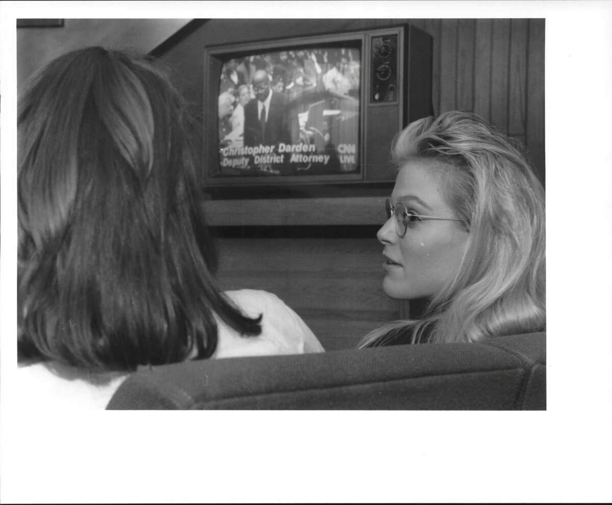 Students from Albany Law School watch opening statements of O.J. Simpson trial on TV in lounge; Jill Bolton of Menands and Megyn Kelly of Delmar, both third year students. January 24, 1995 (Luanne Ferris/Times Union Archive)