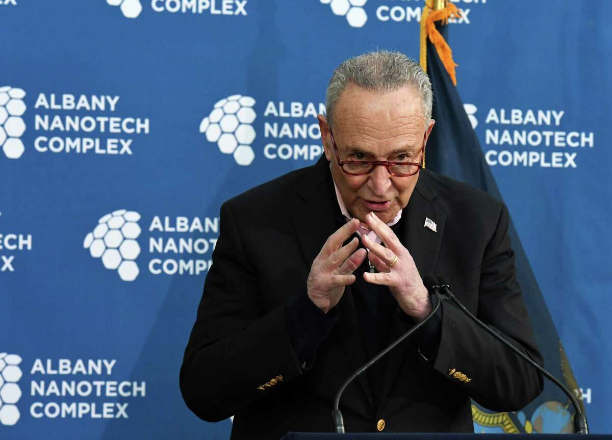 Senate Majority Leader Chuck Schumer speaks to the role of New York in the U.S. semiconductor industry on Monday, Jan. 24, 2022, following a tour of the Albany Nanotech complex. Schumer is pitching the Albany site as a hub for the nation’s first National Semiconductor Technology Center and National Advanced Packaging Manufacturing Program being debated by Congress.