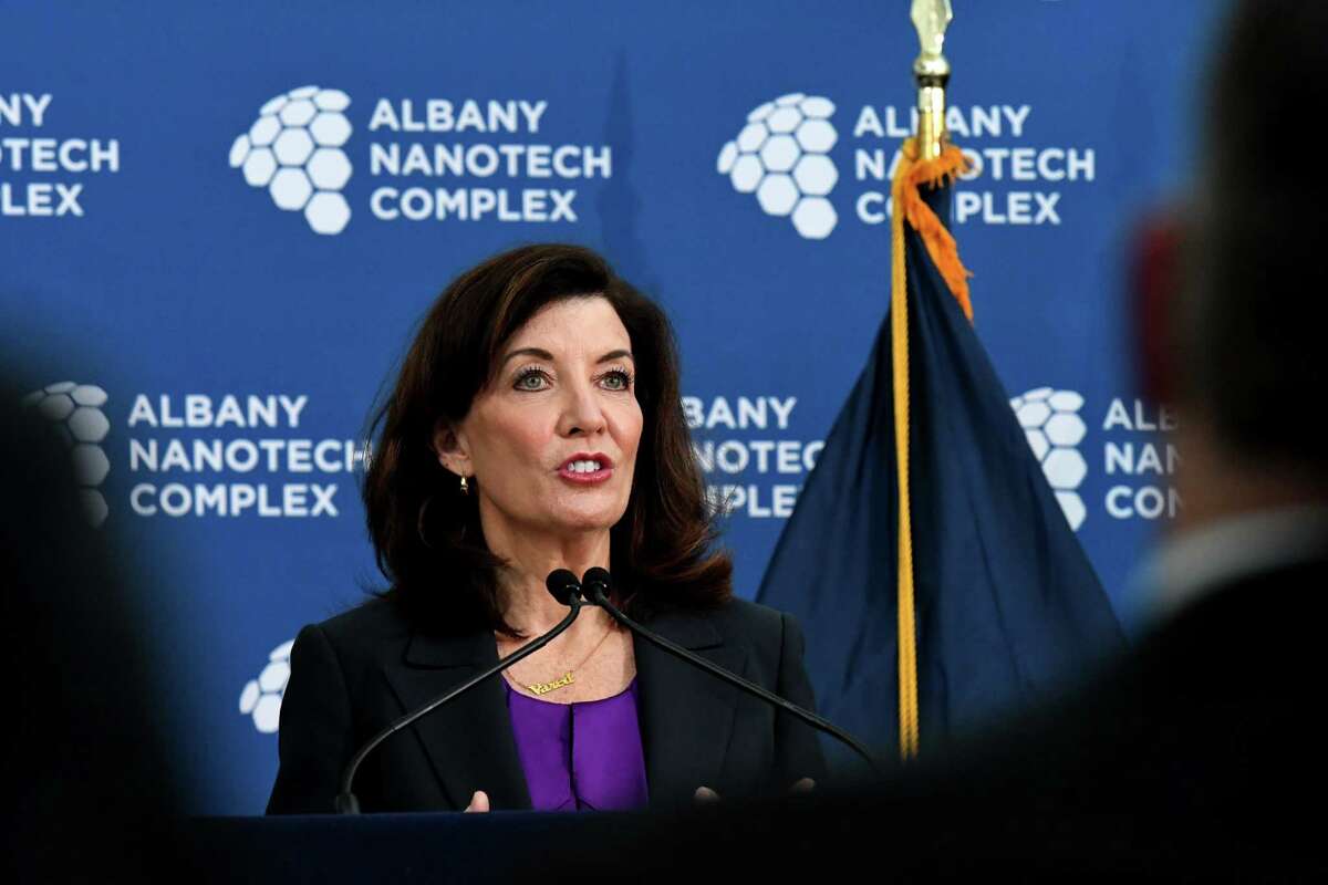 Gov. Kathy Hochul at a press conference Monday at Albany Nanotech. Hochul said a day later that she has been involved in negotiations to entice an unnamed chip-maker to bring 5,000 jobs and billions of dollars in investment to the Syracuse area. But some say the governor made a mistake by proposing a split of SUNY Polytechnic Institute, which has campuses at Albany Nanotech and outside Utica.
