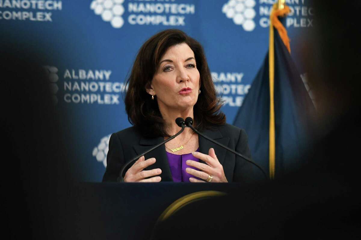 Gov. Kathy Hochul wants to set aside $200 million in the upcoming state budget to pay for infrastructure upgrades at upstate business parks to attract computer chip makers and other high-tech manufacturers. In January, she was among politicians who spoke about the role of New York in the U.S. semiconductor industry following a tour of the Nanotech Complex at SUNY Polytechnic Institute in Albany, N.Y., pictured, on  Monday, Jan. 24, 2022.