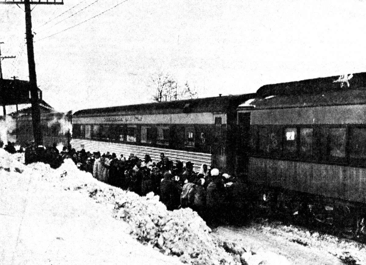 Some of the hundreds of children and adults from Manistee County who attended the afternoon performance at the Civic Auditorium in Grand Rapids and they boarded the special train for the 30th annual Shrine Circus yesterday morning. The train arrived back in Manistee last evening around 8 p.m. The photo was published in the News Advocate on Jan. 25, 1962.