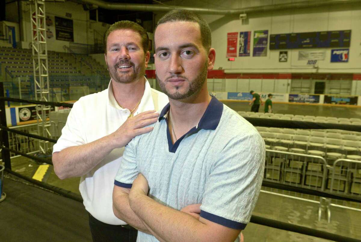A.J. Galante, right, and his father, James, former owners of the Danbury Trashers hockey team, are entering a new venture, with the Hockey Enforcers promotional group, and together they have formed a new combat sport, Ice Wars.