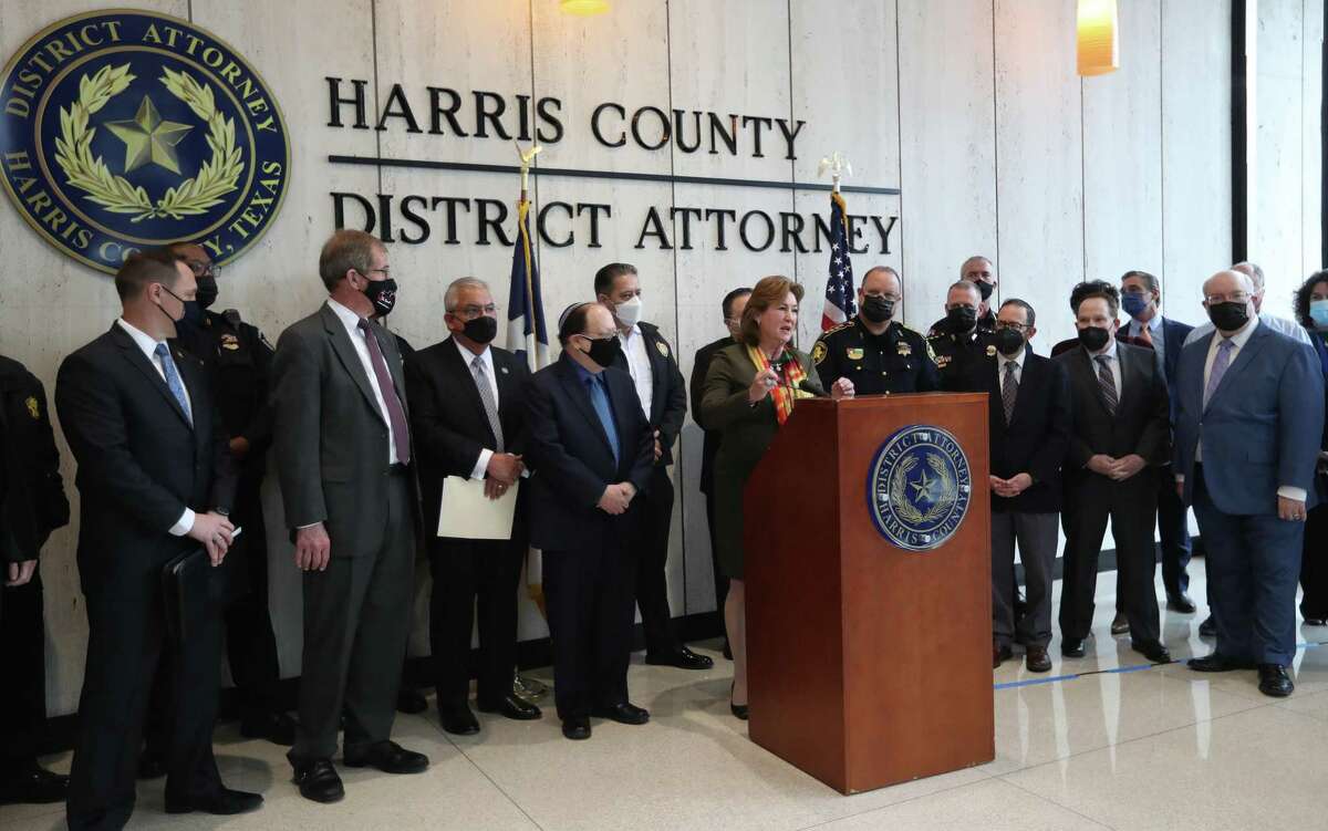 Harris County District Attorney Kim Ogg is joining area police chiefs, constables, faith leaders and others to announce a unified front against anti-Semitic violence, Monday, Jan. 24, 2022 in Houston, this in the wake of the hostage-taking incident at a Texas synagogue recently.