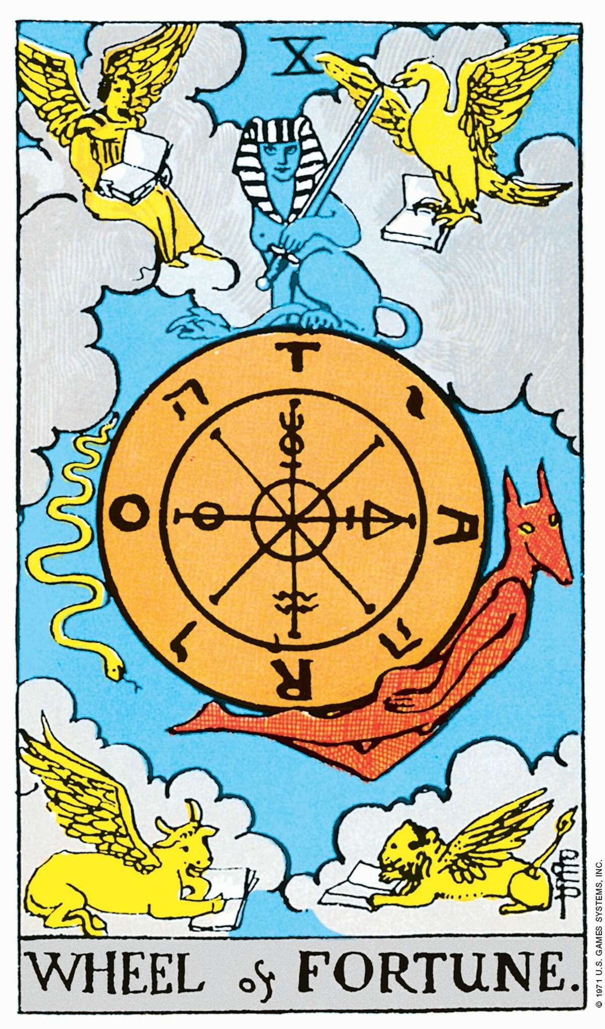 Tarot cards come in a variety of designs, but the Rider-Waite deck more or less set the standard for modern day tarot.  Shown here is the wheel of fortune from the Rider-Waite deck. 