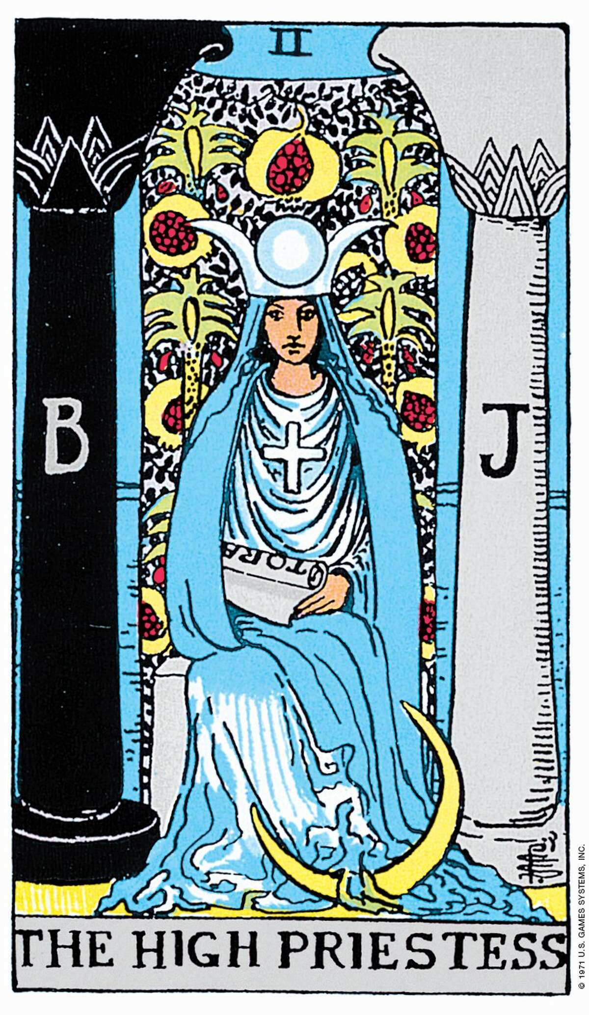 Tarot cards come in a variety of designs, but the Rider-Waite deck more or less set the standard for modern day tarot.  Shown here in The High Priestess of the Rider-Waite Bridge. 