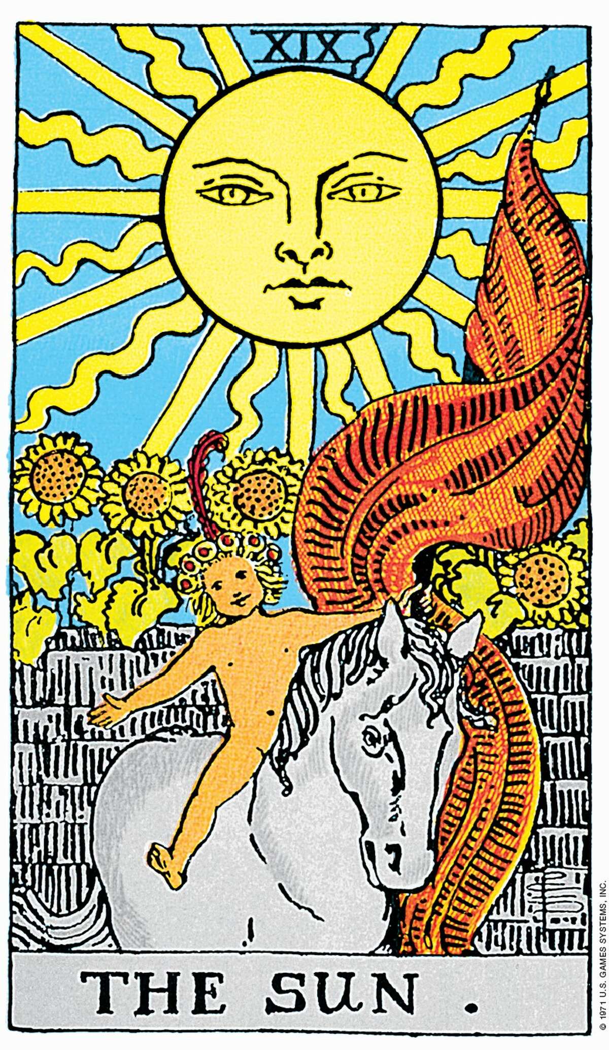 Tarot cards come in a variety of designs, but the Rider-Waite deck more or less set the standard for modern day tarot.  Shown here is the Rider-Waite deck sun. 