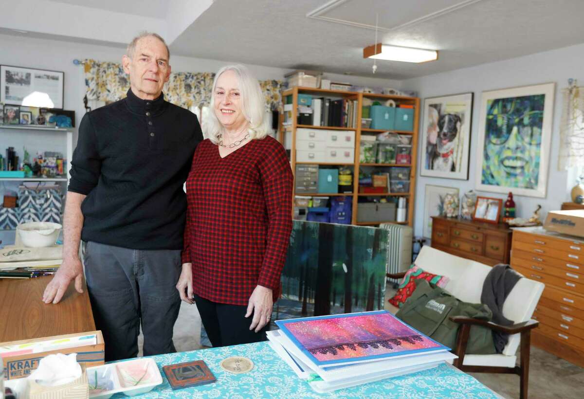 Artists Martin and Cynthia Amorous have their own work spaces on their property in Willis. Cynthia works primarily with watercolors, while her husband and former chair of the art department at Sam Houston State University, works with paint.