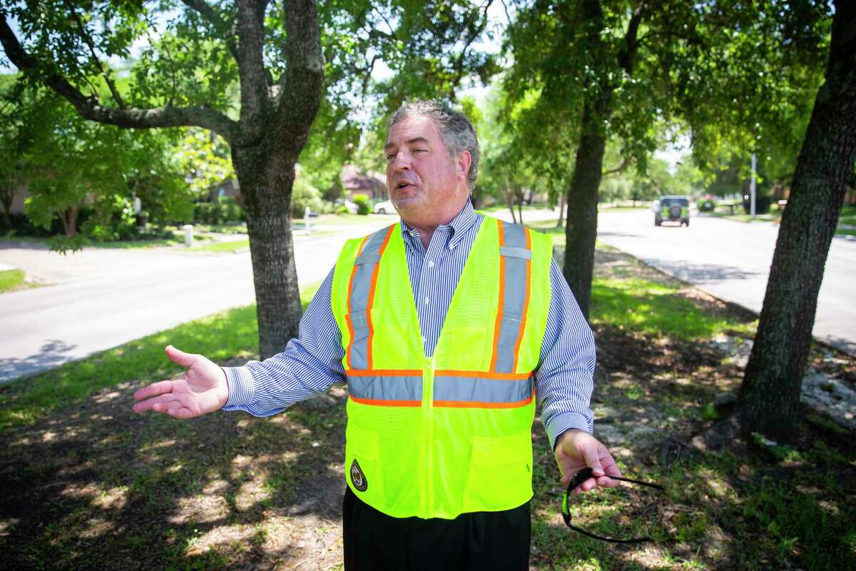 Houston Councilman Greg Travis discusses upcoming road projects while standing in a tree-lined median in Kirkwood near Briar Forest Drive on Monday, May 11, 2020. Travis is one of five candidates running in the March 1 GOP primary in House District 133.