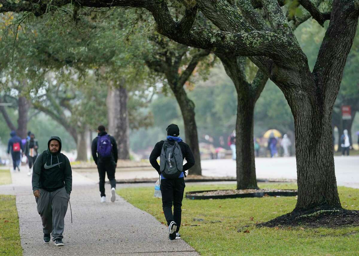 People are shown on the campus of Prairie View A&M University Monday, Jan. 24, 2022 in Prairie View.