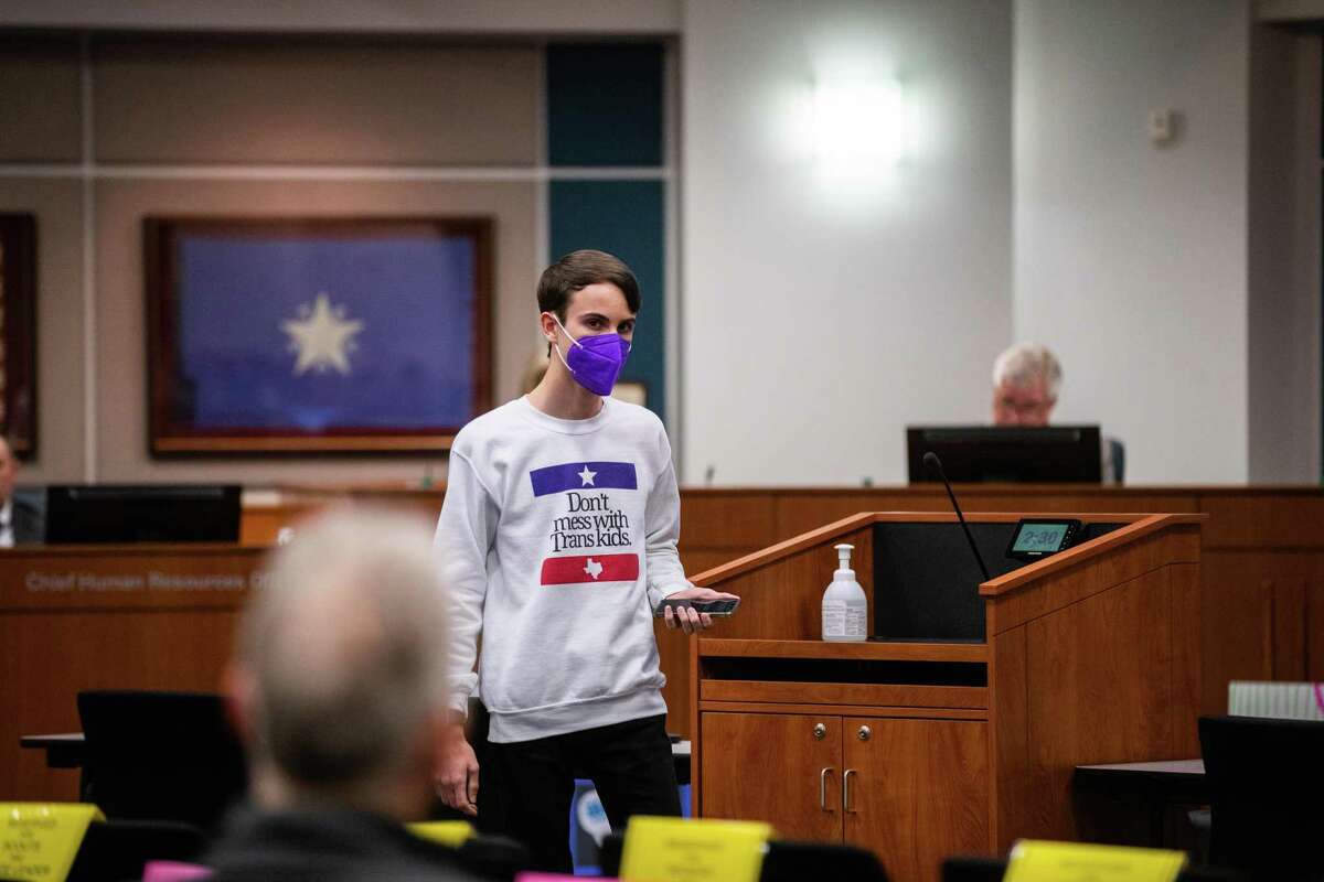 Seven Lakes High School student Cameron Samuels spoke about the potential dangers of blocking The Trevor Project website from student access, Monday, Jan. 24, 2022, in Katy. The student stood up and spoke to the Katy Independent School District.
