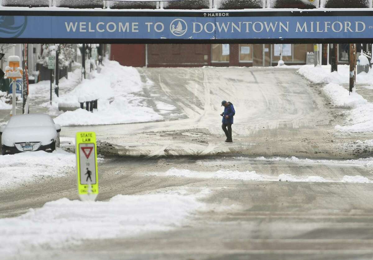 The aftermath of the snow on River Street in downtown Milford, Conn. on Friday, January 7, 2021.