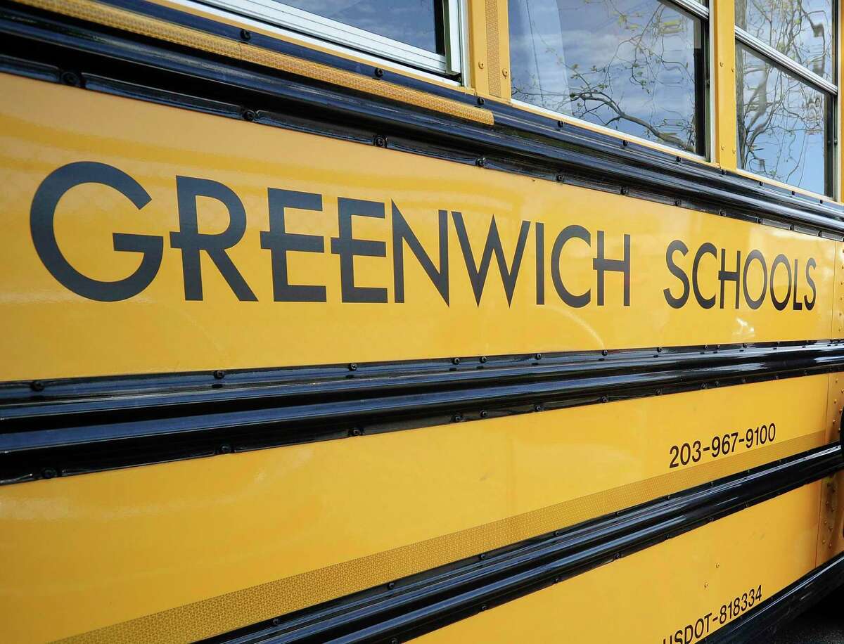 A Greenwich school bus on May 14, 2020 at the Student Transportation-America (STA) bus yard in Greenwich, Connecticut.