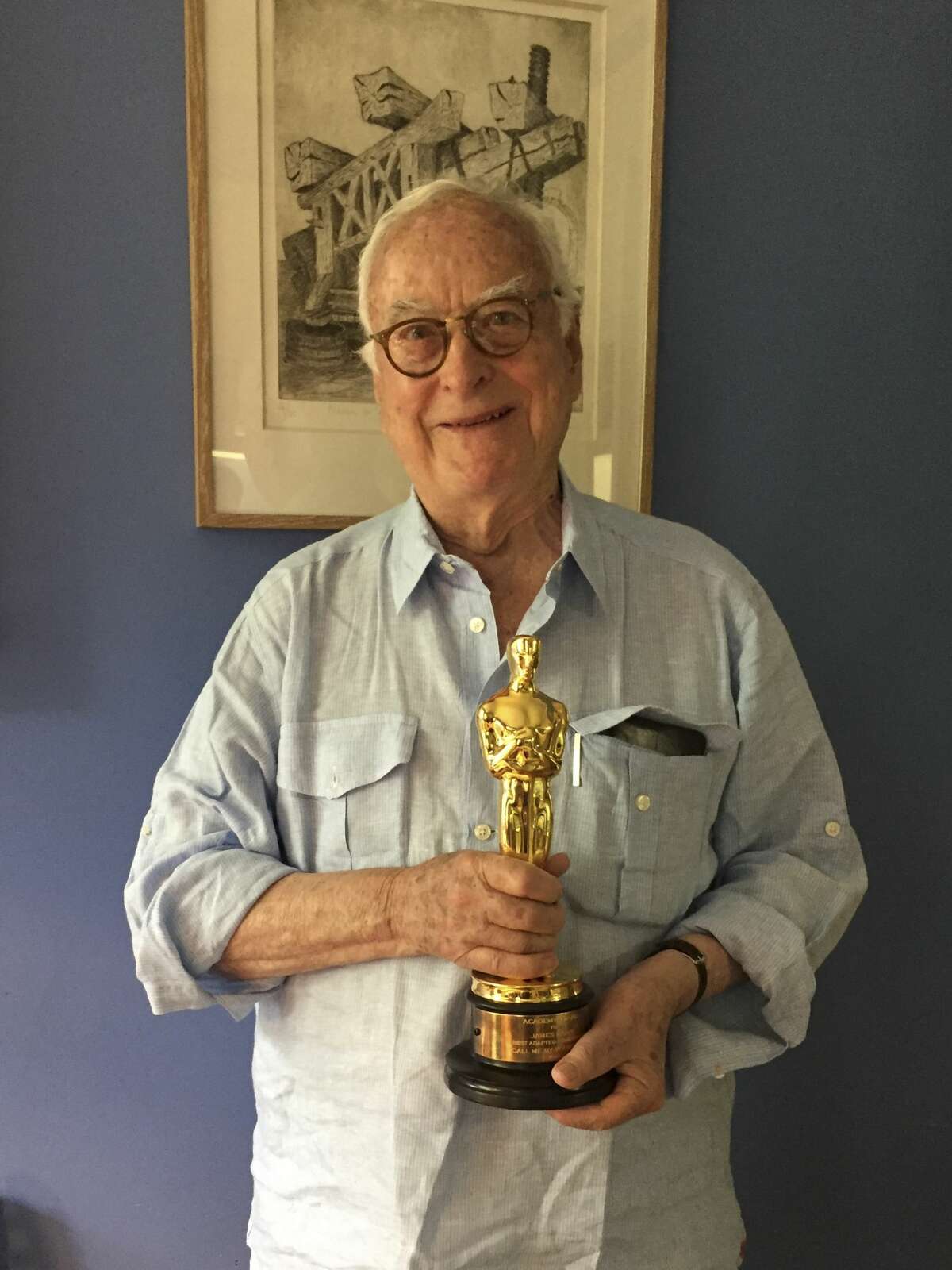 Merchant Ivory Director James Ivory holds his Oscar on the morning after his 90th birthday party on June 10th, 2018 in Claverack, NY. (Photo by Mikki Ansin/Getty Images)