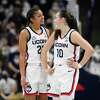 UConn’s Evina Westbrook and Nika Muhl in the second half against Seton Hall, Friday, Jan. 21, 2022, in Storrs, Conn.