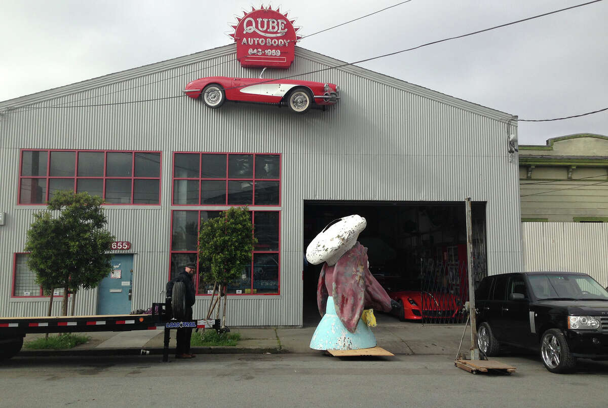A Doggie Diner head dating back to the 1960s is prepared for the restoration process.  