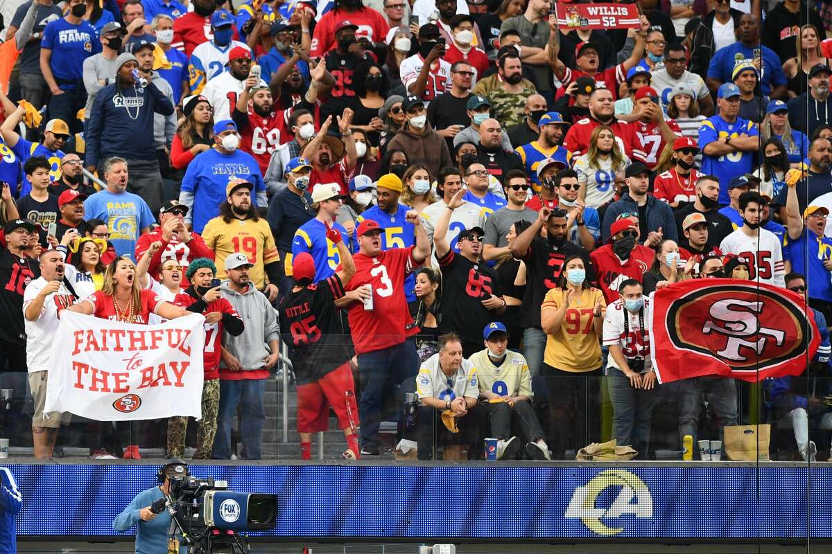 San Francisco 49ers fans cheer during the 49ers' win against the Los Angeles Rams on Jan. 9, 2022, at SoFi Stadium in Inglewood, Calif.
