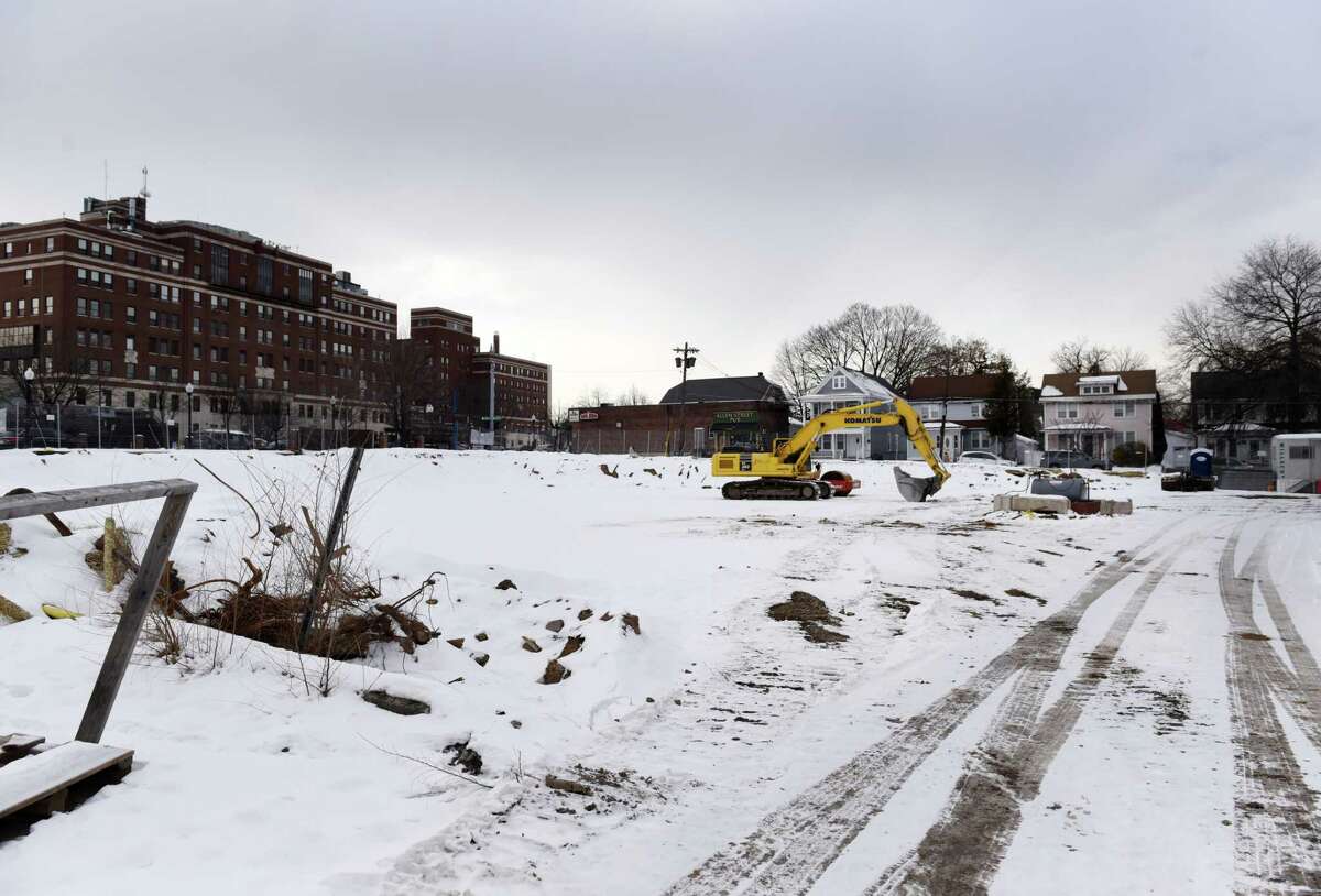 Site of the former Post Office on News Scotland Ave. across from St. Peter’s Hospital that is being developed on Monday, Jan. 24, 2022, in Albany, N.Y. The USPS declined to sign a lease for the new space. Instead, the push is to make the temporary office on Ontario Street permanent.