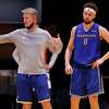 From left: Steve Kerr and Klay Thompson of the Golden State Warriors at practice, Saturday, Jan. 8, 2022, in San Francisco, Calif. Thompson is expected to play in an NBA game for the first time in more than two years.