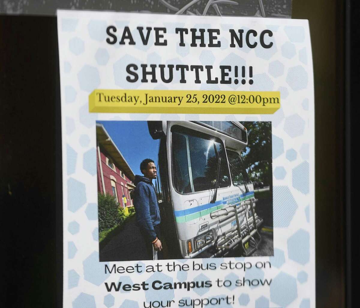 A flier announces the rally to save the NCC Shuttle, a bus running between Metro North and Norwalk Community College, at the school in Norwalk, Conn. on Tuesday, January 25, 2021.