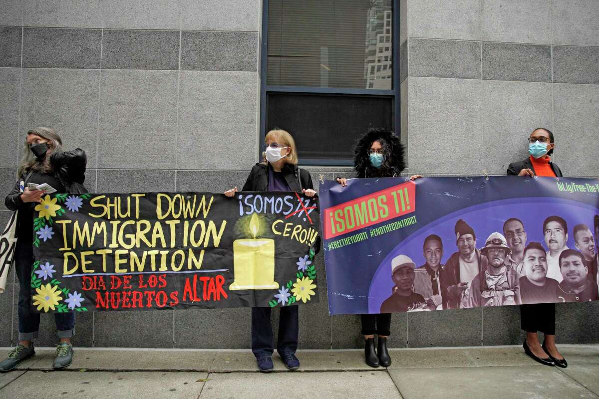 Protesters at the San Francisco Immigration and Customs Enforcement building in December call for ending immigration detention at Yuba County Jail.