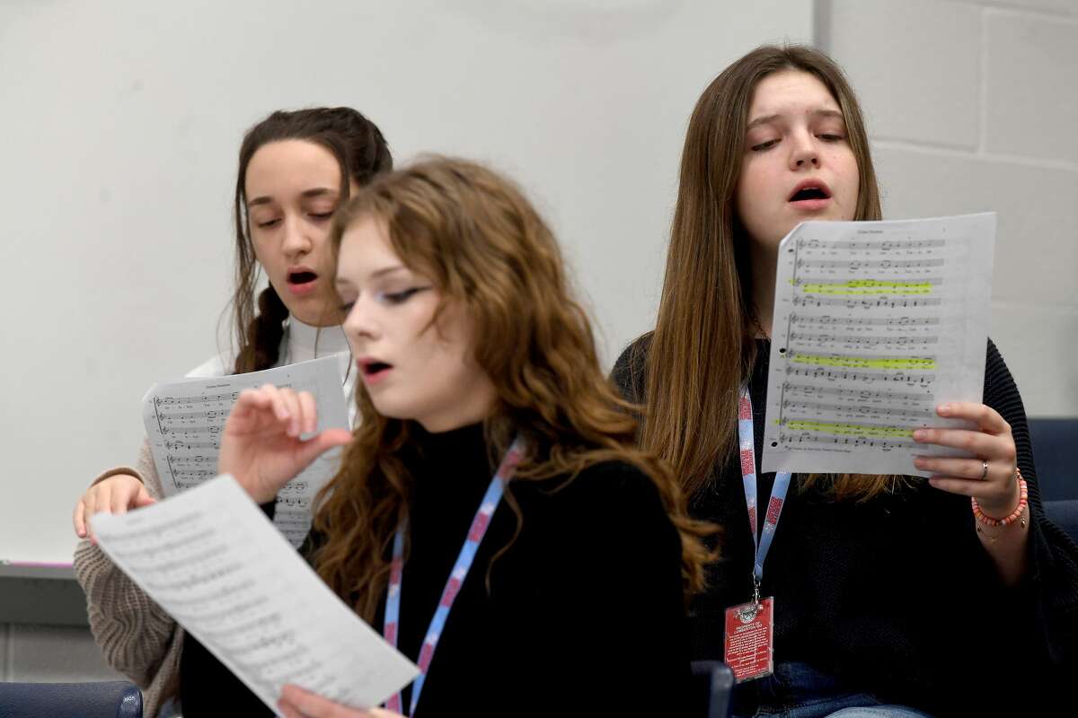 Lumberton High School senior Grace Flanakin rehearses a piece with members of Tina Bernard's choir class. Flanakin has made school history, being accepted into the state choir for the fourth year. Photo made Wednesday, January 19, 2022 Kim Brent/The Enterprise