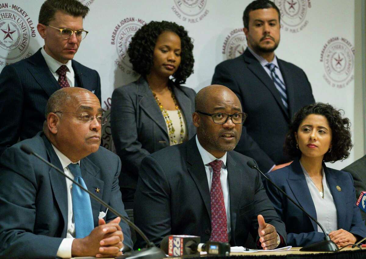 Harris County Judge Darrell Jordan was publicly admonished by the State Commission on Judicial Conduct on May 13, 2022, for lashing out at prosecutors. In this file photo, Jordan talks about Local Rule 9.1, which reformed the county's current cash bail system, during a press conference at Texas Southern University in Houston, Thursday, Jan. 17, 2019.