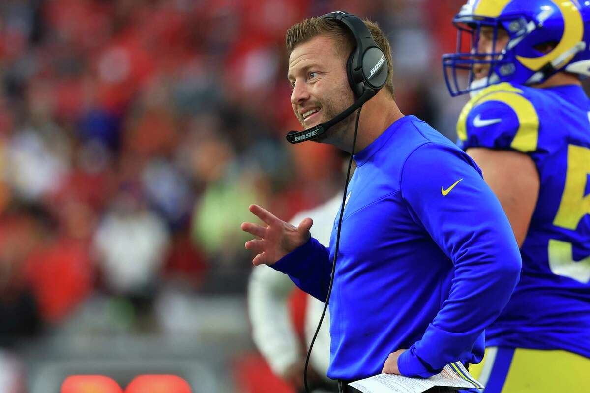 TAMPA, FLORIDA - JANUARY 23: Head Coach Sean McVay of the Los Angeles Rams reacts in the fourth quarter of the game against the Tampa Bay Buccaneers in the NFC Divisional Playoff game at Raymond James Stadium on January 23, 2022 in Tampa, Florida. (Photo by Mike Ehrmann/Getty Images)