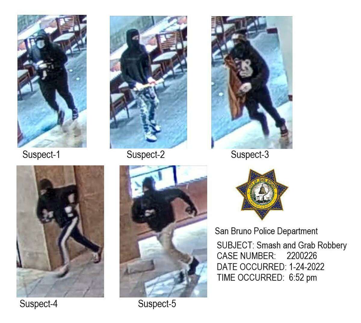 San Bruno police tweeted photos of five people allegedly involved in a smash-and-grab robbery Monday at The Shops at Tanforan in San Bruno.
