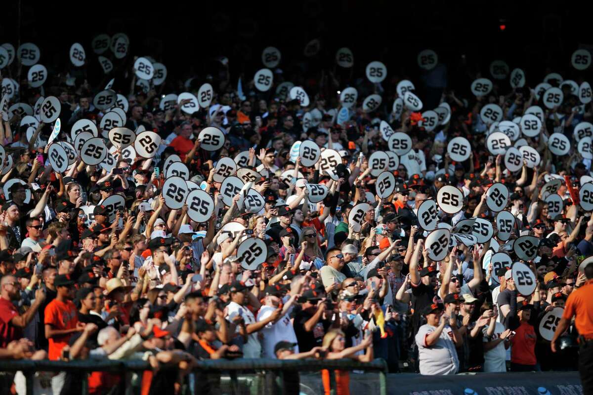 The crowd during Barry Bonds' uniform number retirement ceremony at AT&T Park on Saturday, Aug. 11, 2018, in San Francisco, Calif. The San Francisco Giants retired number 25 in honor of Bonds' historic career with the Giants from 1993-2007.