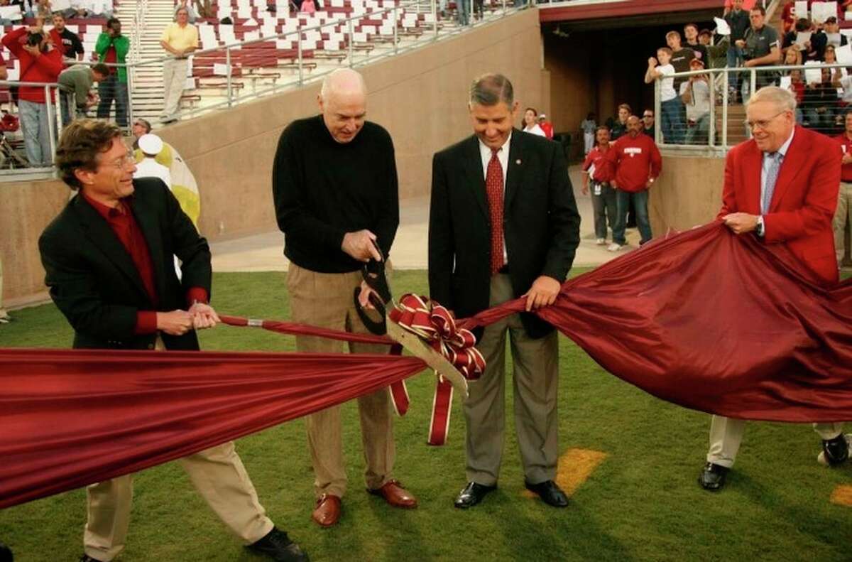 John Arrillaga (center left) cuts the ribbon at Stanford Stadium, the renovation of which he led in 2005. At right: Arrillaga was a basketball player at Stanford who became a Silicon Valley developer and major donor to his alma mater.