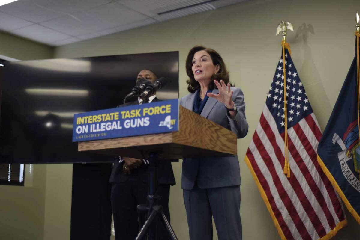 New York Governor Kathy Hochul speaks at a press conference before she attended her first meeting of the governor's Interstate Task Force on Illegal Guns, on Wednesday, Jan. 26, 2022, in East Greenbush, N.Y.