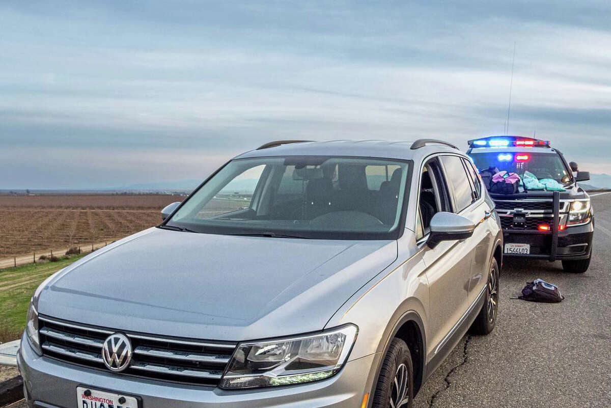 The California Highway Patrol's Merced unit confiscated approximately 75 pounds of counterfeit Oxycodone pills believed to contain fentanyl on Jan. 21, 2022. CHP said they altered the image of the suspect's car so the license plate reads 
