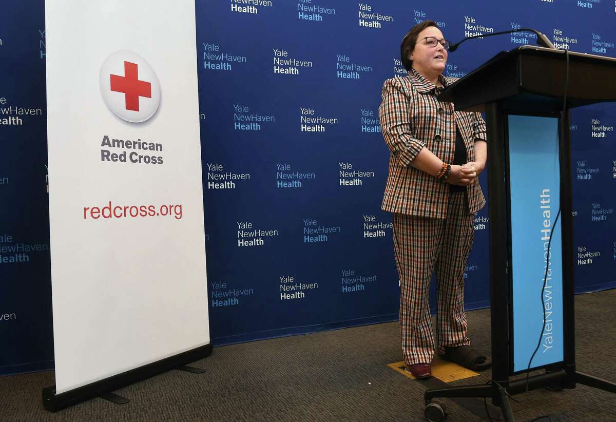 Nicole Donzello of Woodbridge speaks at a press conference at Yale New Haven Hospital in New Haven concerning a blood shortage and her personal experience needing blood and blood products over many years on January 26, 2022.