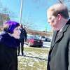 U.S. Rep. Rosa DeLauro, left, talks with state Department of Transportation Deputy Commissioner Mark Rolfe Wednesday about the highway project in Middletown.
