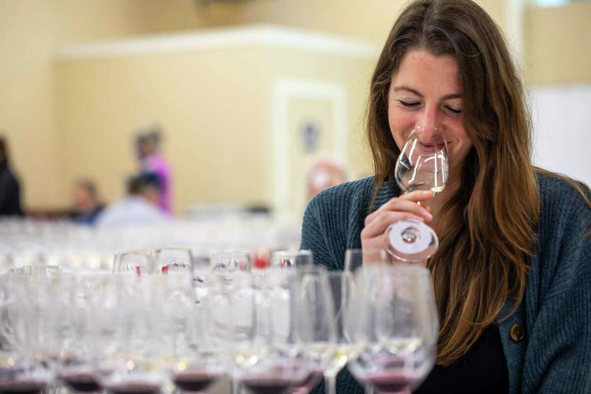 San Francisco Chronicle wine reporter Esther Mobley judges wine during the 2021 San Francisco Chronicle Wine Competition in Cloverdale, Calif. on Friday, March 5, 2021. This year’s wine judging which occurred during the week of Jan. 8 included 5,816 wines from almost 1,000 wineries including 53 from Texas.