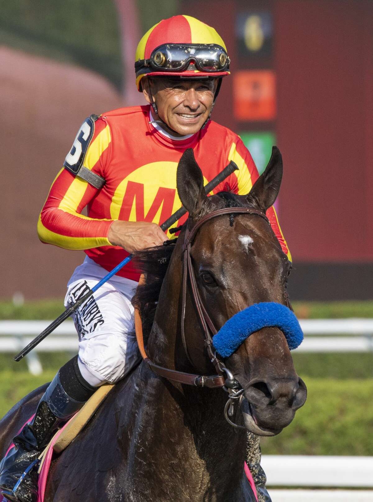 Jockey Mike Smith was all smiles in jubilation after winning the 92nd running of The Whitney on McKinzie at the Saratoga Race Course Saturday, Aug. 3, 2019 in Saratoga Springs, N.Y. Photo Special to the Times Union by Skip Dickstein