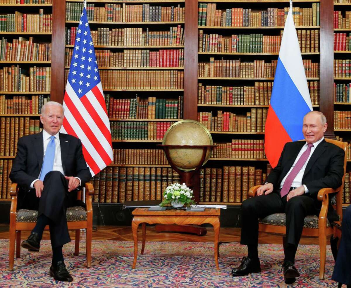 U.S. President Joe Biden (left) meets with Russian President Valdimir Putin at the 'Villa la Grange' in Geneva on June 16, 2021. (Denis Balibouse/Pool/AFP via Getty Images/TNS)