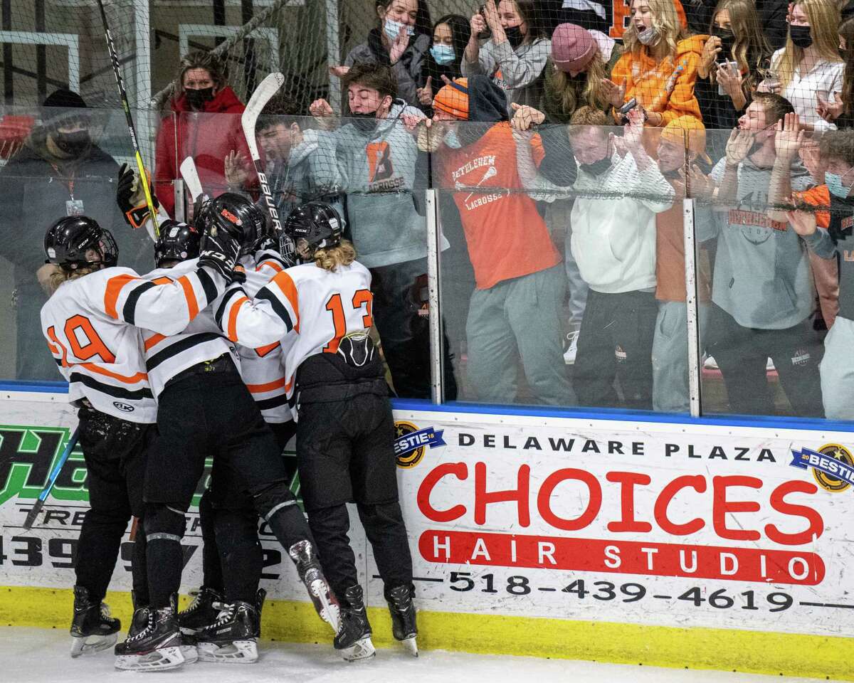 The Bethlehem hockey team and its fans celebrate a goal during a Section II hockey game against Adirondack at the Bethlehem Area YMCA on Wednesday, Jan. 26, 2022. (Jim Franco/Special to the Times Union)