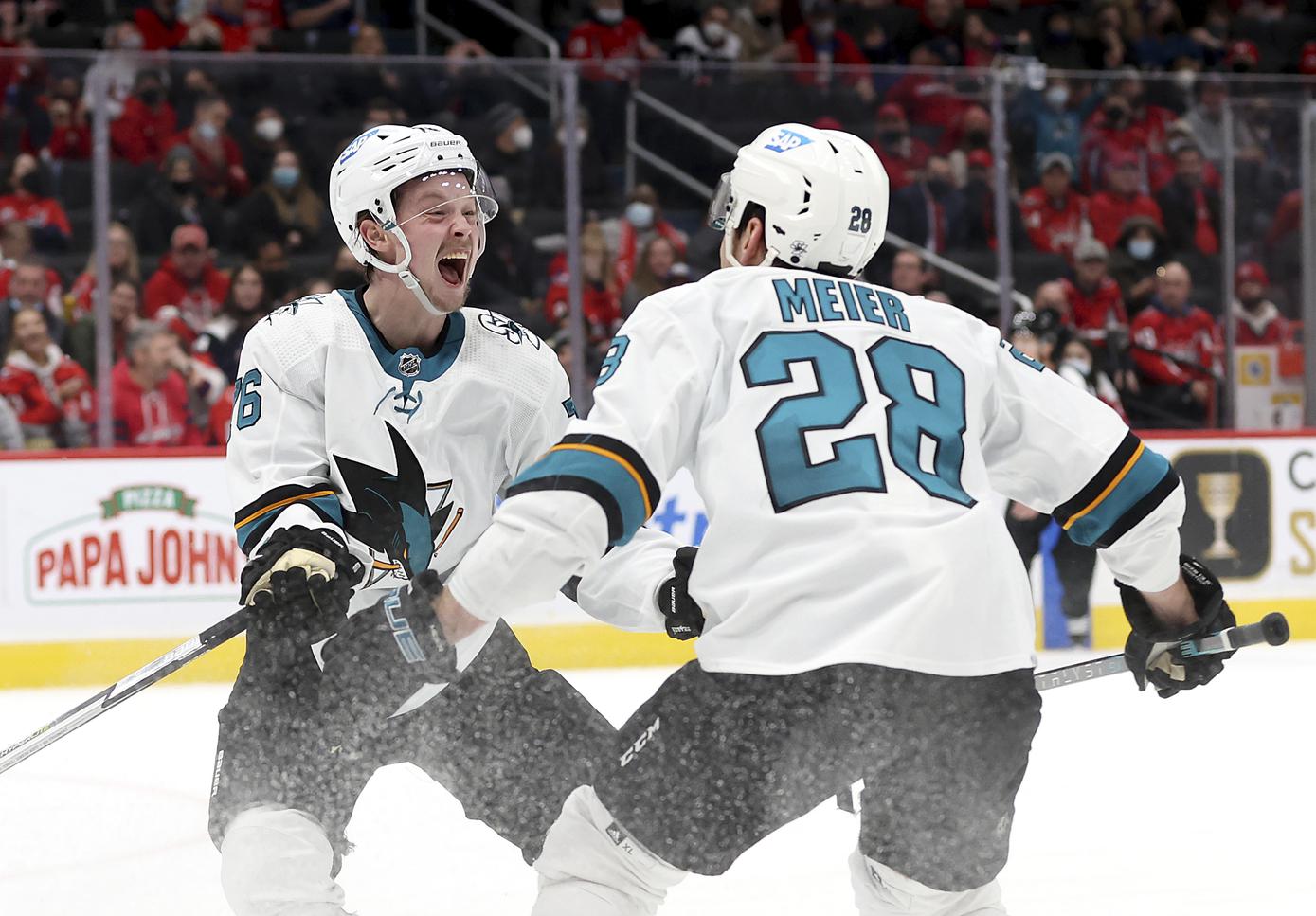 Nicolas Meloche of the San Jose Sharks takes a shot on goal against News  Photo - Getty Images