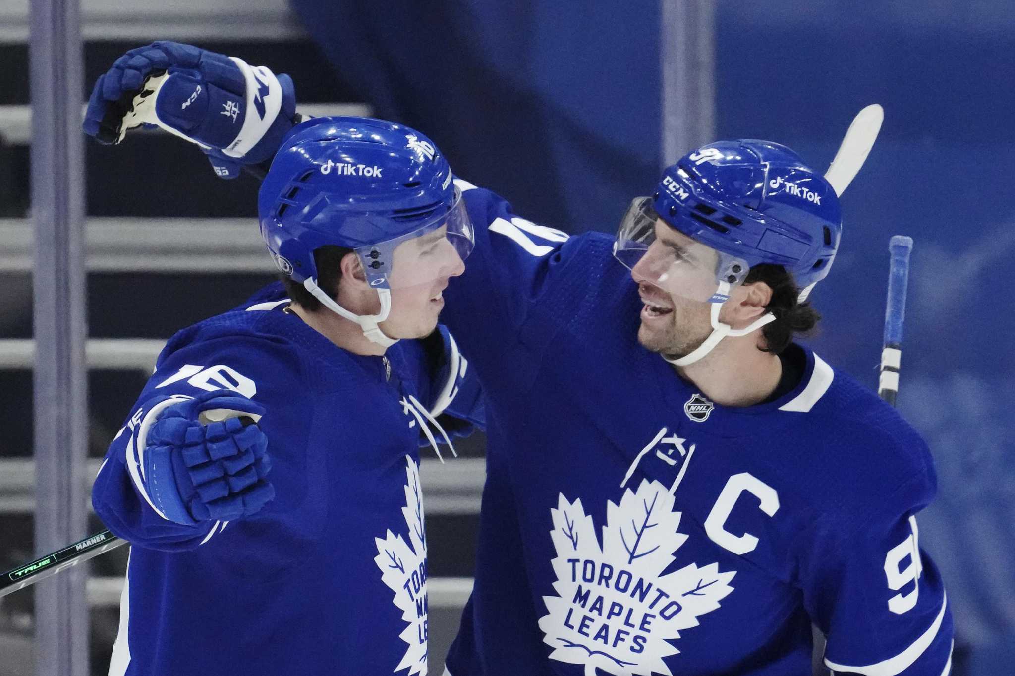 Auston Matthews and Mitch Marner hit the ice in the Leafs uniform