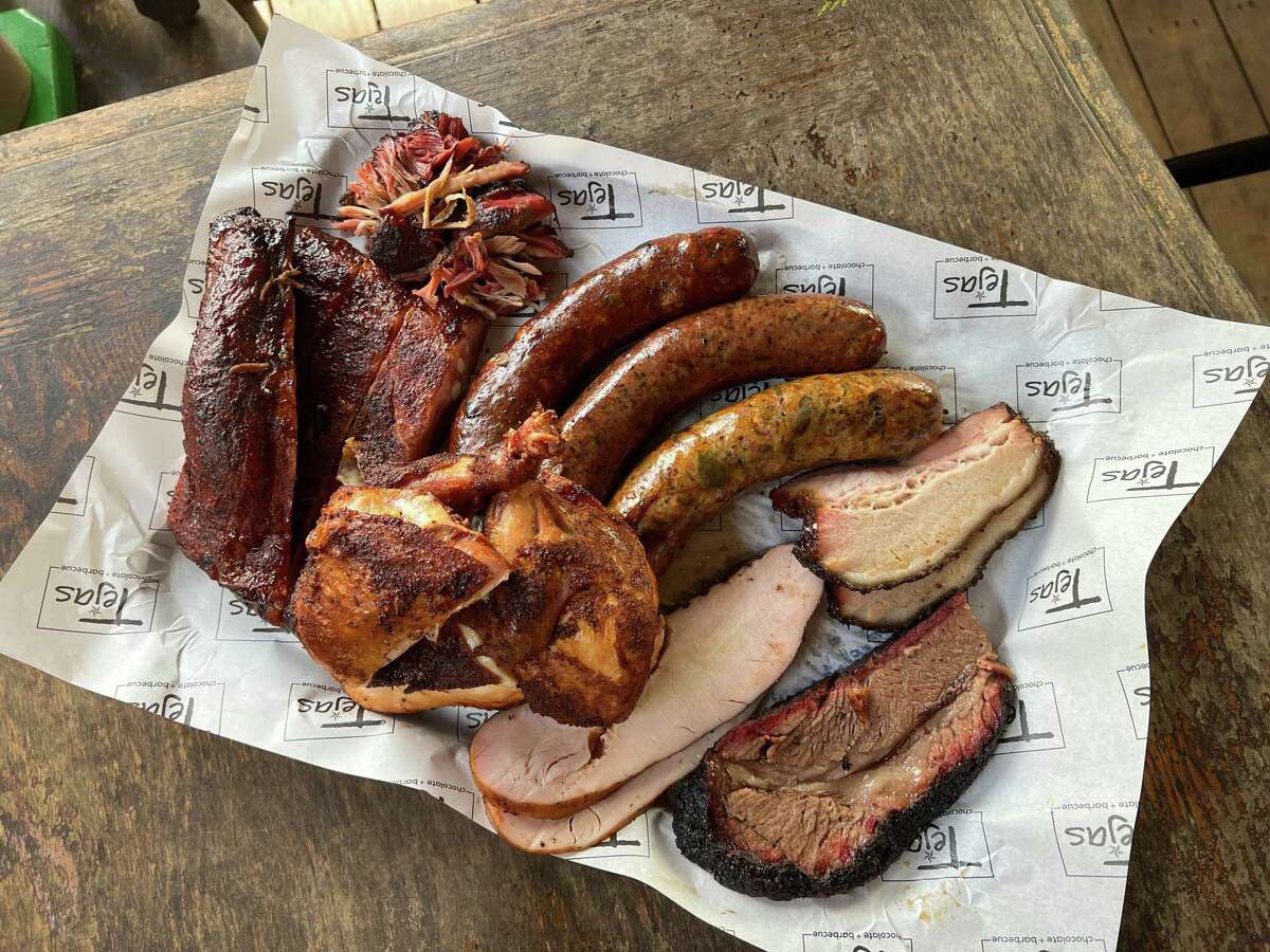 Tray of barbecue from Tejas Chocolate & BBQ