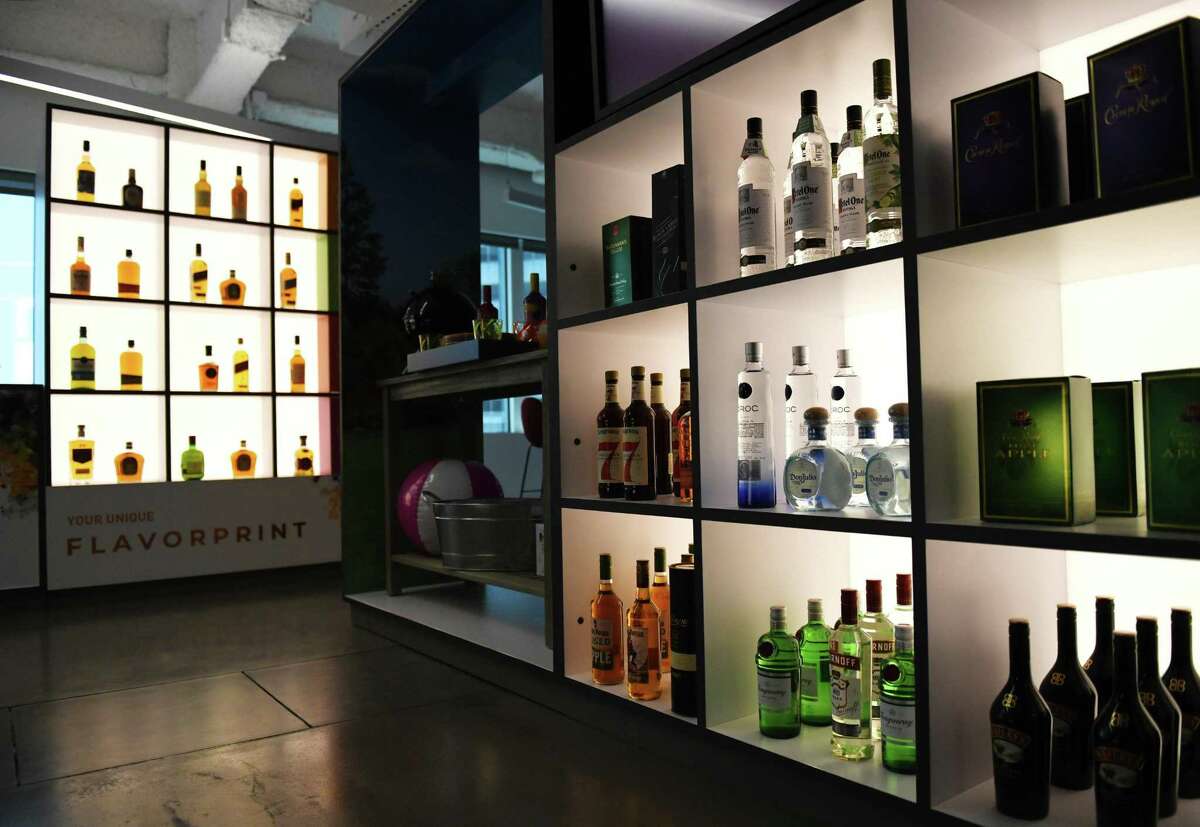 Bottles of booze are displayed at the Diageo collaboration center in Stamford, Conn. Monday, June 7, 2021.