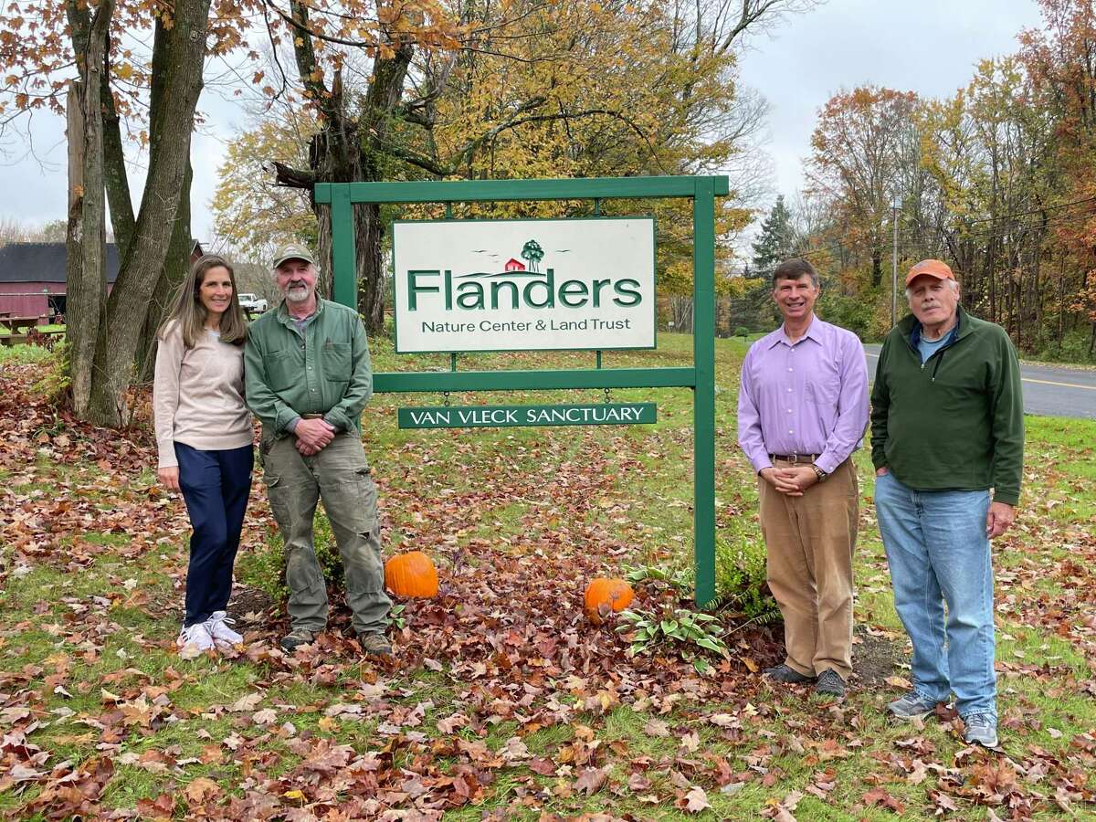 Ellen Knowles Harcourt Foundation President Bob Nichols, second from left, presented Flanders Nature Center & Land Trust President Jodi Wasserstein, Treasurer William Anthony and Executive Director Vincent D. LaFontan with a $20,000 gift to kick off the 60th Anniversary Capital Campaign, which aims to raise $600,000 for enhancements to Flanders’ educational facilities.