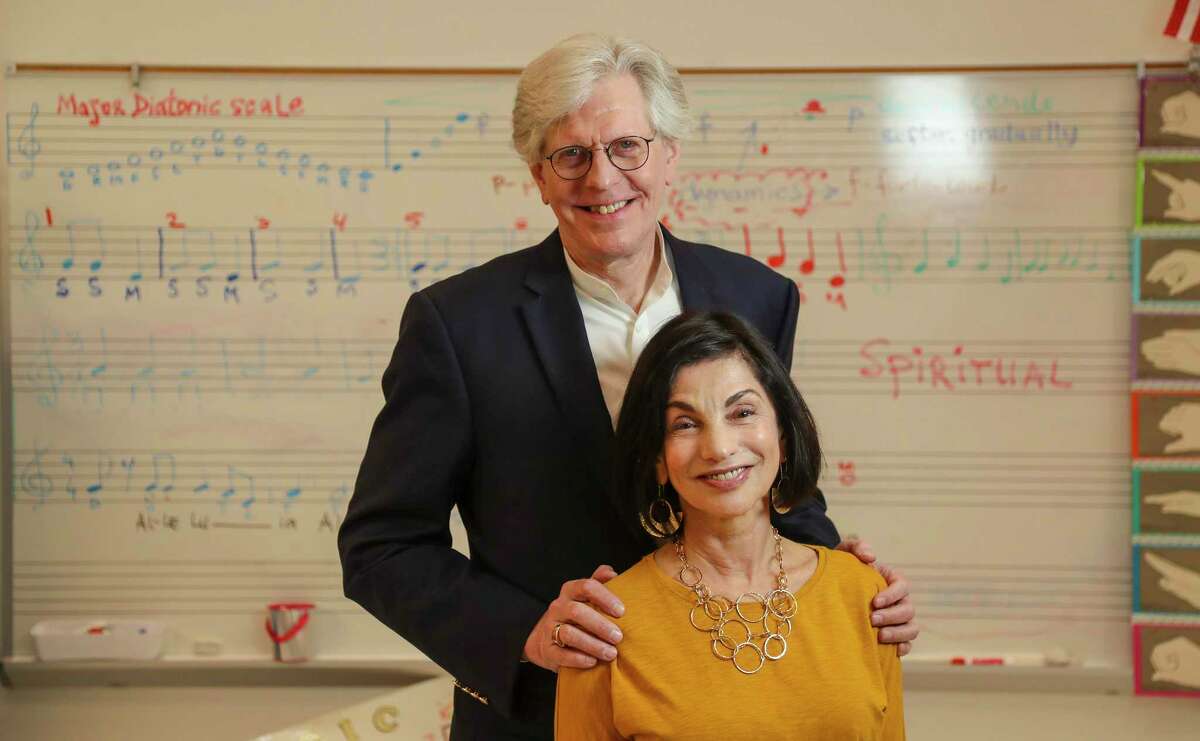 Robert Simpson and Marianna Parnas Simpson photographed at Parker Elementary School, Thursday, Jan. 20, 2022 in Houston. Robert leads the Houston Chamber Choir. Marianna, a Russian immigrant, leads the Houston Treble Choir, an ensemble she started 15 years ago for children she'd taught in grade school who wanted to continue studying choir. In February 2020 the spouses had the rare opportunity to collaborate together. The Houston Chamber Choir had just won a Grammy Award, and decided to collaborate with British composer Bob Chilcott on his new piece "Circlesong," which required a youth choir. Two performances of the piece were done just weeks before their live music schedules were shut down by the pandemic. But shortly before then, the choirs recorded it for a new album out this month.